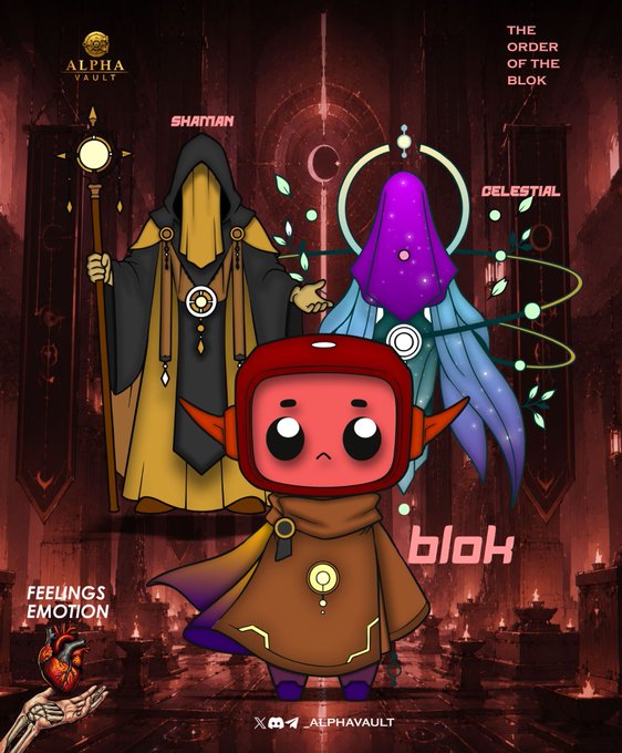 An animated illustration shows "blok" — an adorable red-hooded elf-like character standing before two mystical figures labeled "SHAMAN" (a robed elder holding a staff) and "CELESTIAL" (a star-covered purple entity with floating orbs) — with "THE ORDER OF THE BLOK" title and "ALPHA VAULT" logo, alongside a small "FEELINGS EMOTION" graphic. The caption expresses the Alpha Vault community's bullish support for Original Blokyz, with the artwork visually representing Blok as part of a mystical, supportive order aligning with the post's theme of strong belief in the project.