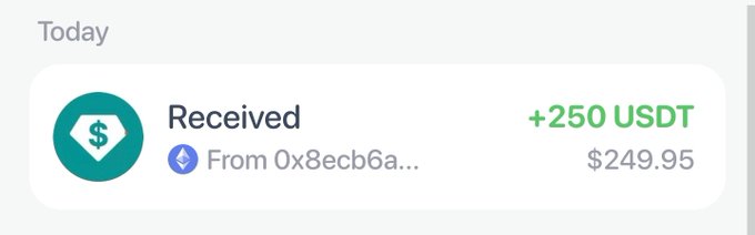 A digital wallet transaction notification showing 'Received +250 USDT ($249.95) From 0x8ecb6a...' on Ethereum.