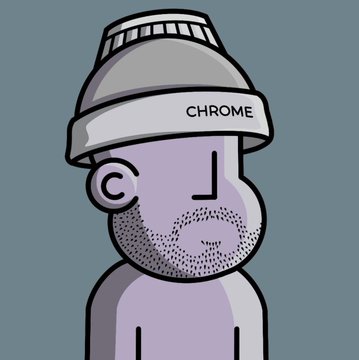 The image features a cartoon character with a beard, wearing a hat that has "Chrome" written on it. The character appears to be looking off into the distance or at something out of frame. The caption below the image reads "@npconchain". This suggests that the character might have been created by someone named @npconchain and is part of their online content, possibly related to gaming or animation.