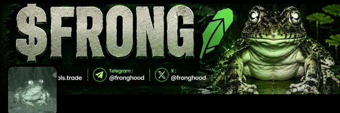Banner for '$FRONG' featuring a large green frog on the right, a rocket icon, and social media handles 'Telegram: @fronghood' and 'X: @fronghood.'