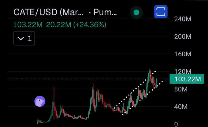 A CATE/USD price chart on TradingView showing a value of 103.22M with a 24.36% gain (20.22M), displaying a steady upward trend with a dotted ascending channel and rising candlesticks, reflecting the post's description of an orderly channeled grind upward.