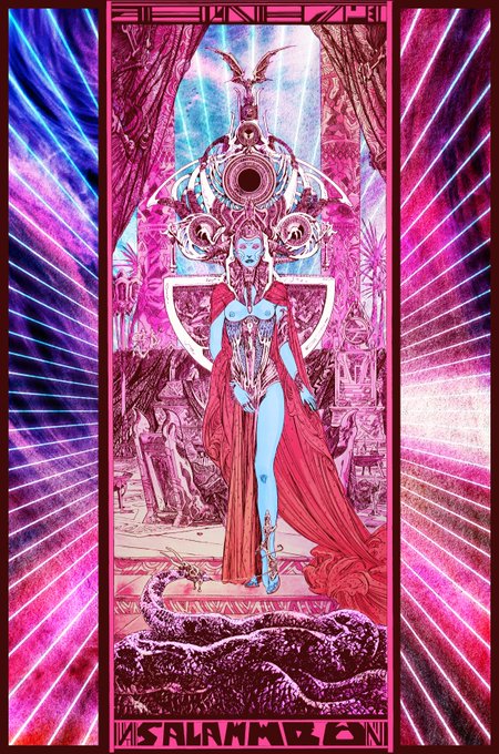 This image depicts a vibrant, psychedelic tarot-style card labeled "IS SALAMMBO" at the bottom, featuring a blue-skinned female figure in an elaborate red gown and crown, set against an ornate backdrop with dramatic pink and blue lighting effects. The artwork appears to be a piece by Philippe Druillet, shared by @iamdruillet as mentioned in the accompanying post, showcasing his signature sci-fi fantasy aesthetic in a striking, otherworldly composition.
