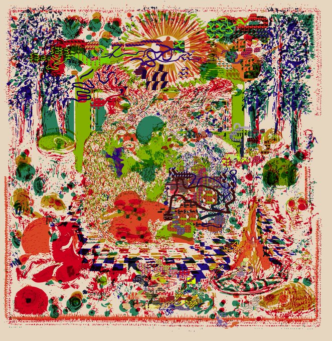 A vibrant, colorful abstract painting featuring densely packed figurative elements, geometric patterns, and chaotic brushstrokes in red, green, blue, and yellow.