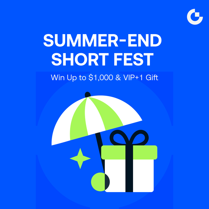 A blue promotional graphic for a "SUMMER-END SHORT FEST" offering a chance to "Win Up to $1,000 & VIP+1 Gift," featuring an illustration of an umbrella and a gift box.