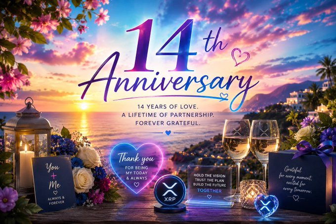 A vibrant 14th anniversary celebration card featuring "14th Anniversary - 14 Years of Love, A Lifetime of Partnership, Forever Grateful" alongside romantic sunset imagery, champagne glasses, and XRP cryptocurrency branding with messages like "Thank you for being my today & always" and "Hold the vision, trust the plan, build the future together."

The image complements the personal post by marking the author's wedding anniversary while incorporating XRP ticker branding, blending a heartfelt milestone celebration with their cryptocurrency focus.