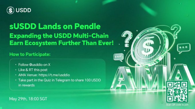 The image features a poster for an event related to USDD lands on Pendle. The poster includes a green background and white text that reads "sUSDD Lands on Pendle expanding the USDD Multi-chain Earning". There are also three dollar signs in the center of the poster, which could be interpreted as a question or prompt about participating in this project.