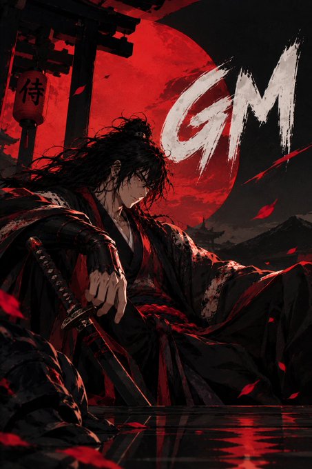 A dramatic digital illustration features a samurai-like figure with long dark hair, clad in flowing black and red robes and gripping a katana, set against a large red moon with the stylized text 'GM' in white brushstrokes.