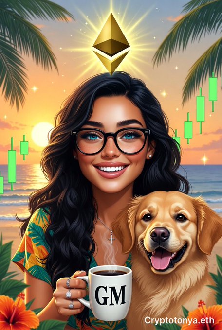 A vibrant digital illustration depicts a smiling woman with glasses holding a 'GM' coffee mug alongside a golden retriever, set against a tropical sunset beach backdrop with a glowing Ethereum logo, green candlestick charts, and the watermark 'Cryptotonya.eth'.