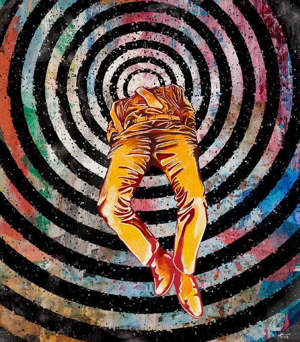 A surreal pop-art style illustration shows a figure in a yellow jacket floating against a hypnotic black and white spiral background with colorful splatters.
