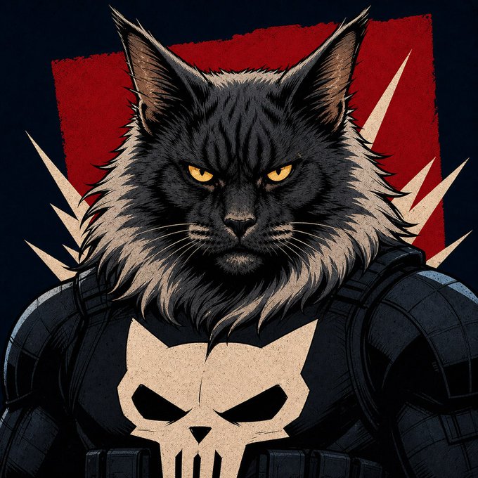Illustration of an anthropomorphic black cat with yellow eyes wearing Punisher-style skull tactical armor against a red and black background.