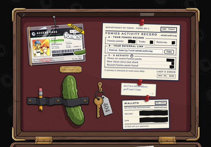 A digital illustration of an open suitcase or folder containing various items including an 'ACCESS PASS', a 'FOMIES ACTIVITY RECORD', a green pickle, a key labeled '404', and a 'WALLETS' card.