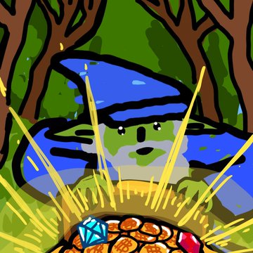 A digital illustration shows a frog wearing a blue wizard hat, sitting amid greenery near a treasure chest filled with gold coins and a blue diamond, visually representing the "Bitcoin Wizards" Ordinals collection. The wizard theme and treasure imagery align with the post's announcement of inscriptions #910–#912 for the legendary Bitcoin Wizards NFT collection.