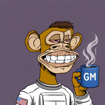 A cartoon ape character with closed eyes and a big toothy grin holds a blue mug labeled "GM" while steam rises from it, wearing a white shirt with an American flag patch.