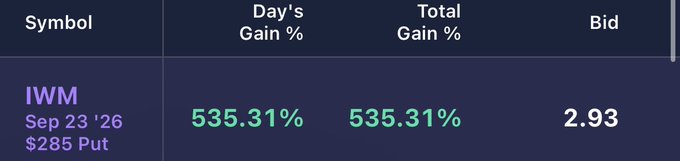 A trading screen showing the IWM Sep 23 '26 $285 Put option with a Day's Gain of 535.31%, Total Gain of 535.31%, and a Bid of 2.93.