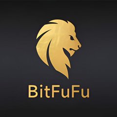 A logo featuring a stylized golden lion head in profile above the text 'BitFuFu' on a dark background.