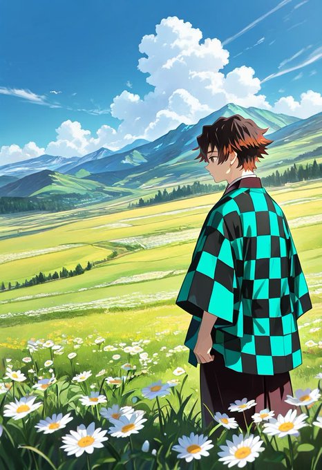 A determined young man in a checkered teal and black kimono gazes out over a vast mountain meadow full of daisies, embodying the patient, solitary work of finding the next 100x project before anyone else does. The serene, exploratory landscape mirrors the post's message about staying early and curious in the markets while others wait.