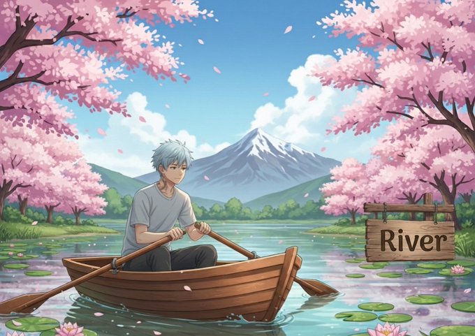 An anime-style illustration depicts a silver-haired young man rowing a wooden boat on a river, surrounded by blooming cherry blossom trees with a snow-capped mountain in the background and a wooden sign reading 'River'.