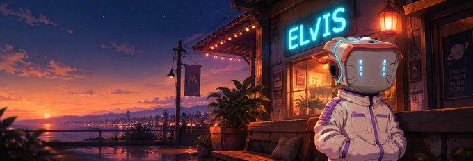 Digital illustration of a cute astronaut character wearing a hoodie with a purple strap, standing in front of a building with a neon 'ELVIS' sign at sunset.