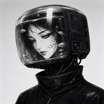 A black-and-white stylized portrait of a person wearing a futuristic space helmet with fish floating inside the transparent visor.