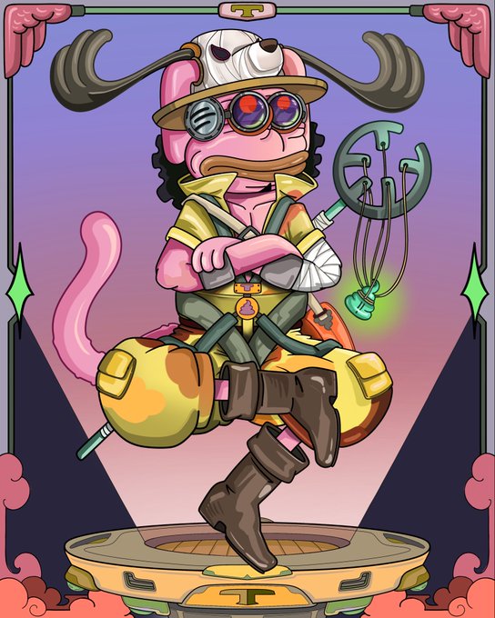 An illustration shows a pink, anthropomorphic character with long ears, goggles, and a hat, sitting cross-legged on a yellow cushion while holding a green fishing rod.