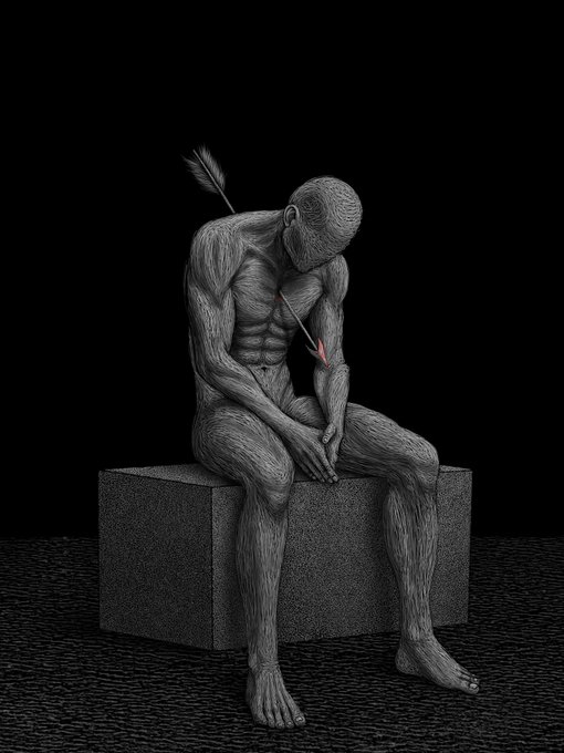The image features a black and white illustration depicting a man sitting on a stone block, holding an arrow with a red tip. The man appears to be in pain or distress as he holds the arrow over his head. The background of the image is dark, which further emphasizes the man's suffering. The post reads "GM happy Friday! Shadow of pain ... 2/15 editions left - 2.5 $XTZ". This message suggests that the artist has created this piece to convey a sense of sadness or loss, possibly related to the concept of time and its impact on our lives.