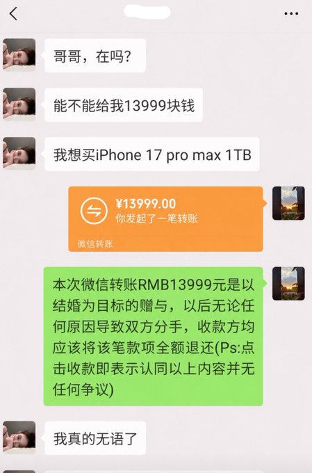 A WeChat conversation screenshot where someone asks for ¥13,999 to buy an iPhone 17 Pro Max 1TB, followed by a transfer note requiring full repayment if the relationship ends, and a reply saying 'I'm speechless'.
