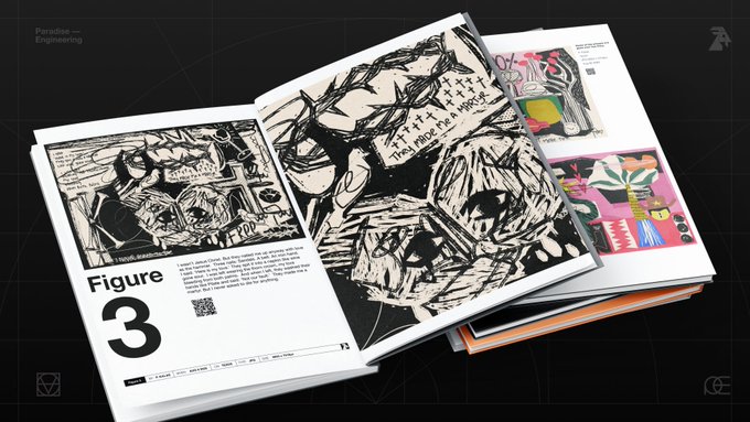 A printed art book or zine lies open on a dark surface, displaying high-contrast black-and-white illustrations, including a crow holding a sign reading "STTTTT They made me sign a contract," alongside colorful pop-art style pages on the right. The left page features bold text reading "Figure 3" with a QR code, visually representing the artist's portfolio—a tangible print artifact that aligns with the post's emphasis on physical gallery distribution as a distribution strategy for crypto artists.