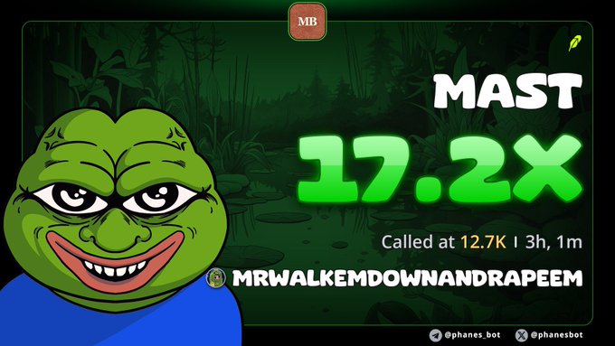 A Pepe the Frog meme image showing a 'MAST 17.2x' gain notification, with text 'Called at 12.7K | 3h, 1m' and the username 'MRWALKEMDOWNANDRAPEEEM' on a jungle background.