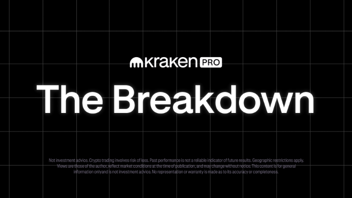 A dark, grid-patterned title card displaying the white "kraken PRO" logo above the large headline "The Breakdown," with a fine-print disclaimer at the bottom noting that views are not investment advice. The image serves as the cover graphic for Kraken Pro's "The Breakdown" episode that explores the macroeconomic drivers behind the latest $BTC rally.