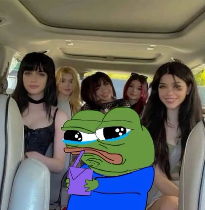 A sad crying Pepe frog meme overlaid on a photo of five young women sitting inside a car.