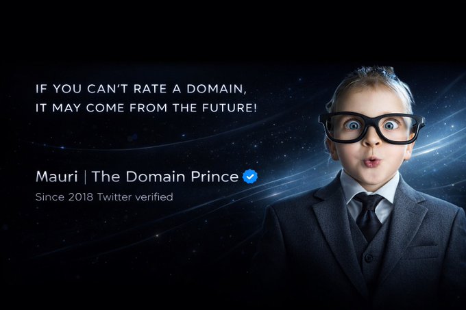 The image features a young boy wearing glasses and a suit with his mouth open wide as if he's surprised or excited about something. The caption below the image reads, "If you can't rate a domain, it may come from the future." This phrase is related to the concept of artificial intelligence (AI) and its potential impact on society.