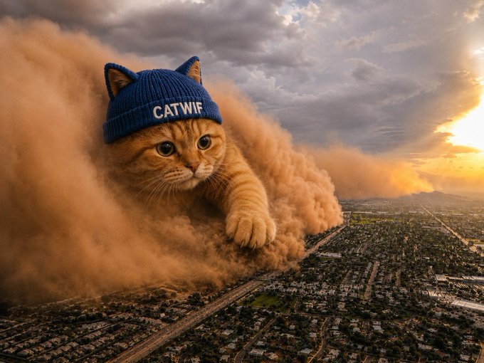 A humorous digitally edited image shows a giant orange tabby cat wearing a blue beanie labeled 'CATWIF' emerging from a massive dust cloud over a suburban cityscape at sunset.