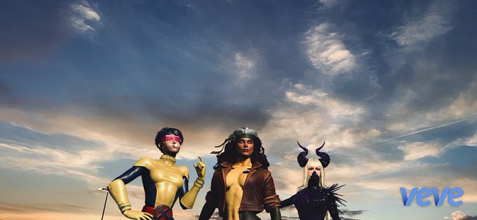 A promotional image or comic book cover featuring three costumed characters standing under a dramatic cloudy sky, with the 'veve' logo in the corner.