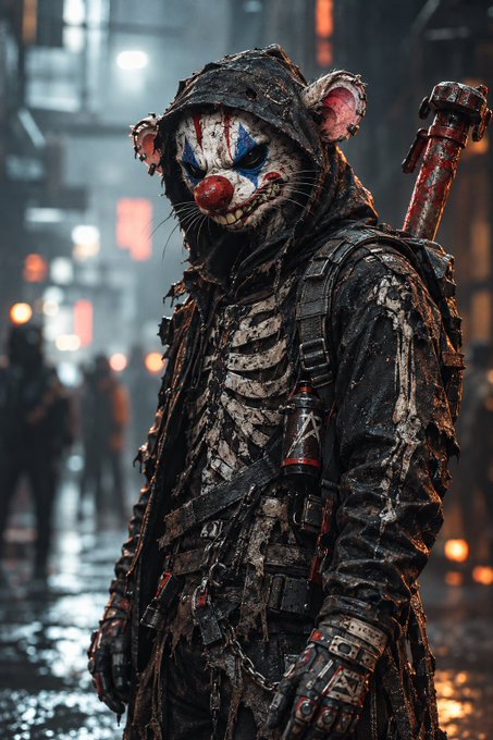 A dark, gritty digital artwork of a menacing clown-like figure with a skull face paint, tattered dark hooded clothing, and robotic claw hands, set in a rainy cyberpunk street.