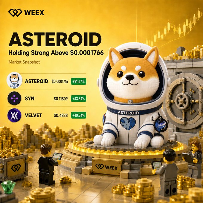 The image features a large toy space station with a character, likely a Shiba Inu dog wearing an astronaut costume complete with a helmet and other gear. It appears that this toy is part of a Lego model set, as people are interacting with it or around it. The caption at the bottom of the image reads "Piyasada hareket hız kesmiyor! $ASTEROID +91.67% Sence sıradaki yükseliş hangi projede olacak? Tahminini yorumlarda paylaş!" and a tagline that reads "#WEEX # Crypto #Altcoins".