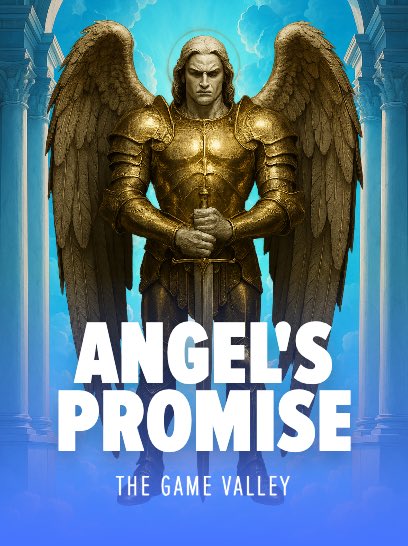 A majestic armored angel with large wings wields a sword downward, set against a blue sky with classical pillars and lightning, with "ANGEL'S PROMISE - THE GAME VALLEY" text. The image represents the "😇 Angel's Promise" side of the Devil's Bargain vs. Angel's Promise game promotion on Stake.