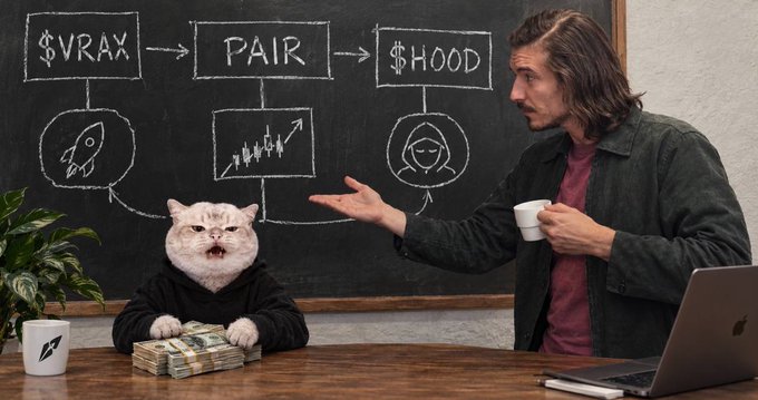 A man with long hair holds a coffee mug and gestures toward a chalkboard diagram showing a flow from $VRAX to PAIR to $HOOD, while a grumpy-looking cat wearing a black hoodie sits at a table with a stack of cash.