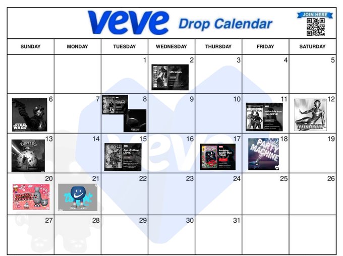 A 'Veve Drop Calendar' showing the month with various drops scheduled, including Ultraman, Star Wars, Teenage Mutant Ninja Turtles, and Marvel comic-themed drops, along with a QR code to 'JOIN HERE'.