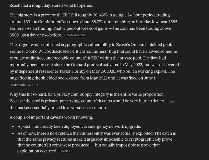 The image features a post about a vulnerability found in the cryptocurrency named Zcash. The caption below highlights that Bitcoin has been cracked by a vulnerability, stating "Zcash has been cracked!". This serves as a reminder for individuals using cryptocurrencies like Bitcoin to remain vigilant against potential vulnerabilities and updates their security measures accordingly.