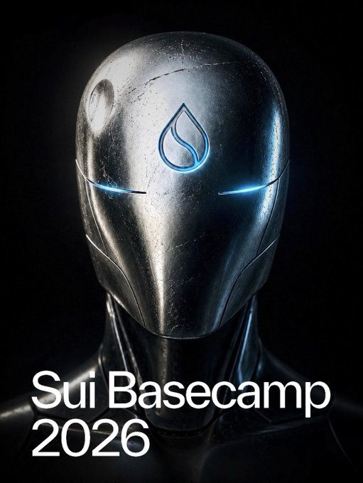 A sleek metallic robotic head with glowing blue eyes and the Sui water-drop logo on its forehead, set against a dark background. The text "Sui Basecamp 2026" appears at the bottom, tying into the post's reference to an unofficial fan-made poster for the Sui Basecamp 2026 event.