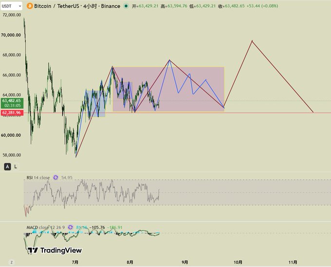 A Bitcoin/TetherUS 4-hour chart on Binance showing BTCUSDT at $63,482.65 (+0.08%) with various technical analysis overlays including trend lines, a highlighted rectangle zone, and RSI and MACD indicators below the price action.