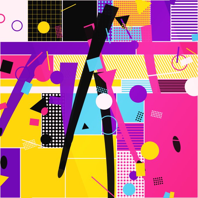 A vibrant abstract geometric composition featuring bold pink, yellow, purple, and black shapes with patterns like stripes, dots, and triangles arranged in a pop-art style.