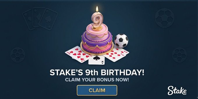 The image is a promotional banner for Stake's 9th Birthday celebration, featuring a tiered birthday cake with a "9" candle alongside playing cards, dice, and a soccer ball, with text reading "STAKE'S 9th BIRTHDAY! CLAIM YOUR BONUS NOW!" and a "CLAIM" button. The accompanying post speculates about whether the birthday bonus will be released tomorrow or delayed until Monday, as Stake typically avoids weekend bonus drops.