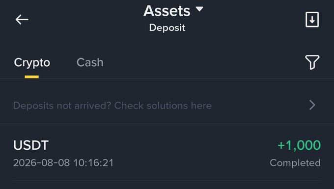 A crypto exchange app screen showing an Assets deposit page with a completed USDT deposit of +1,000 dated 2026-08-08 10:16:21.