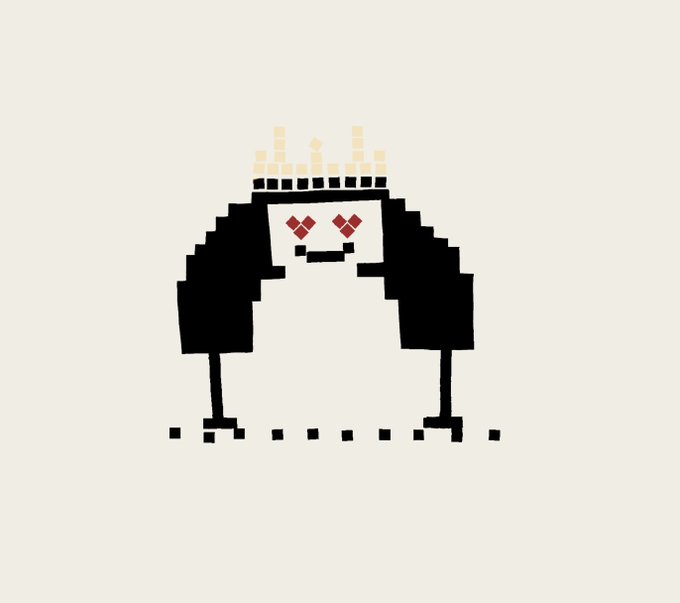 A minimalist pixel-art illustration of a black, dome-shaped robot character with red pixel eyes and a crown-like structure on its head, standing on a dotted line against a cream background.