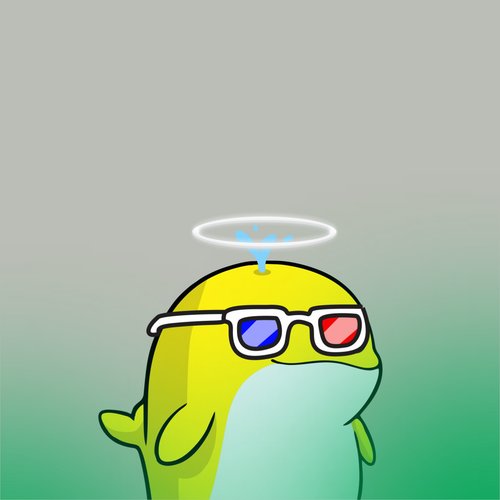 The image features a cartoon character, likely a dolphin or whale, wearing glasses and standing upright with its arms outstretched. The character has a halo around its head, giving it a unique appearance. The background of the image is green, which contrasts nicely with the yellow color of the character's body. There are no texts present in the image, but there is a caption that reads "Excuse me @opensea If you don'T verify @whacky_whales in the next few hours...check my account page background picture for where I'll be shoving this guy..".