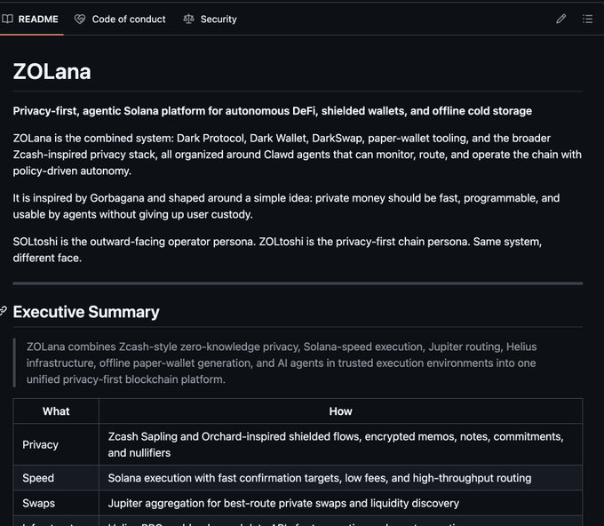 A GitHub README page for 'ZOLana', described as a 'Privacy-first, agentic Solana platform for autonomous DeFi, shielded wallets, and offline cold storage,' with an Executive Summary table covering Privacy, Speed, and Swaps.