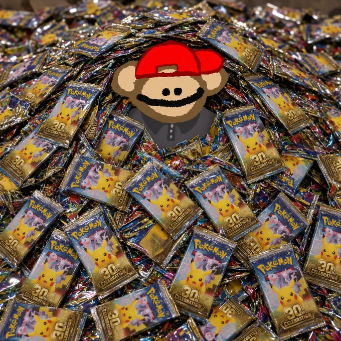 A pile of Pokémon Trading Card Game packs featuring Pikachu in a '30th CELEBRATION' design, overlaid with a pixelated graphic of a character wearing a red backwards cap and a dark shirt.