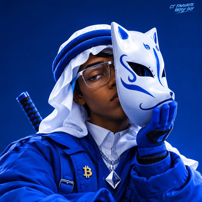 A cosplay-inspired portrait features a figure wearing a blue and white hooded outfit with a fox mask, Bitcoin (₿) and Ethereum (ETH) pendants, and a katana, with "CT FAVOURITE REPLY GUY" written in the corner—symbolizing a crypto Twitter (CT) personality embracing their identity as an active community replier while pursuing X payouts.