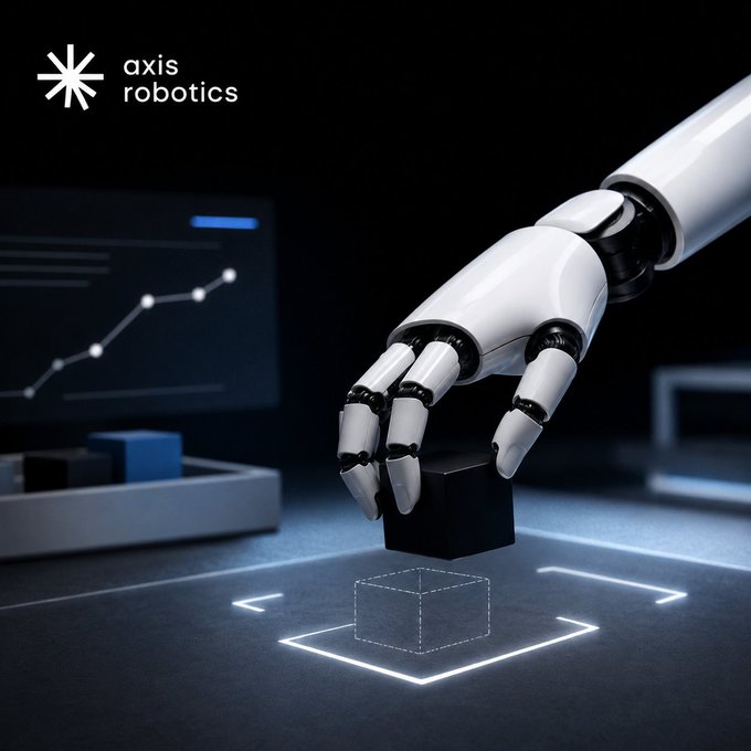 A sleek white robotic hand picking up a black cube, with the 'axis robotics' logo in the top left corner against a dark background with blue accents.